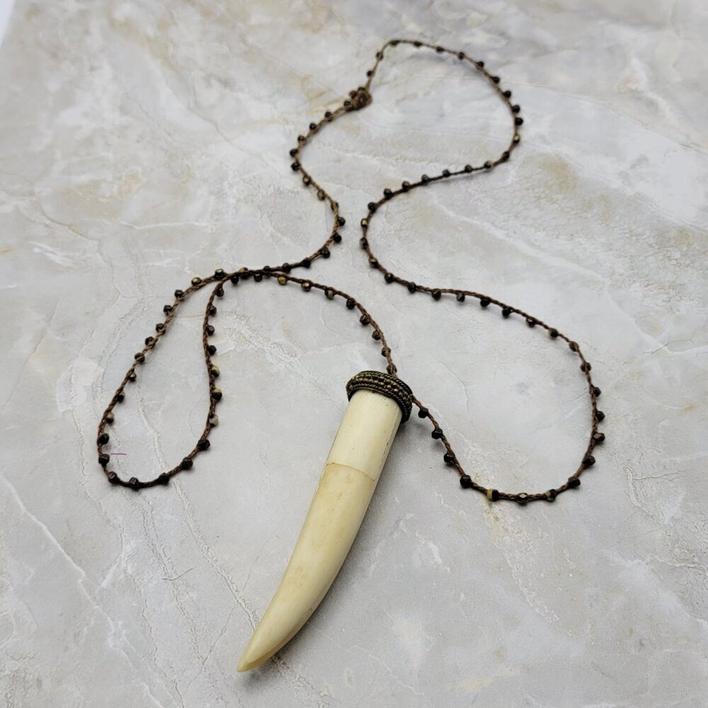 Vintage Bone Carved Horn Pendant Necklace Leather Cord Brass Bead Continuous 29"